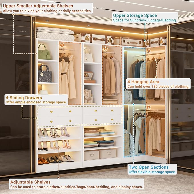 Closet System with 4 Drawers and Hanging Rods, 59.5"L / 87"L Closet Organizer System with Corner Tower, L Shaped Walk-in Closet System, Corner Closet System with Shelves, Set of 3, White