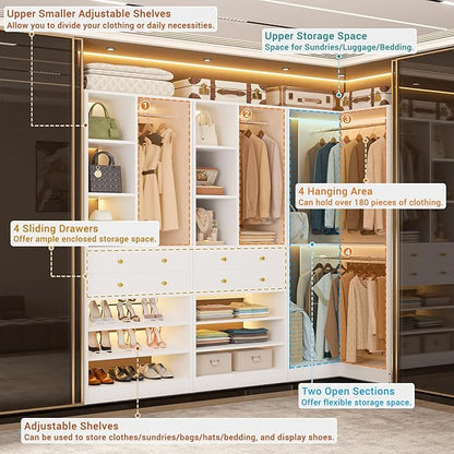 Closet System with 4 Drawers and Hanging Rods, 59.5"L / 87"L Closet Organizer System with Corner Tower, L Shaped Walk-in Closet System, Corner Closet System with Shelves, Set of 3, White