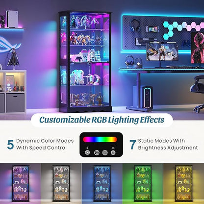 Glass Display Cabinet with Doors, RGB Curio Cabinet with LED Lights for Collectibles, Display Case with Adjustable Shelf, Black