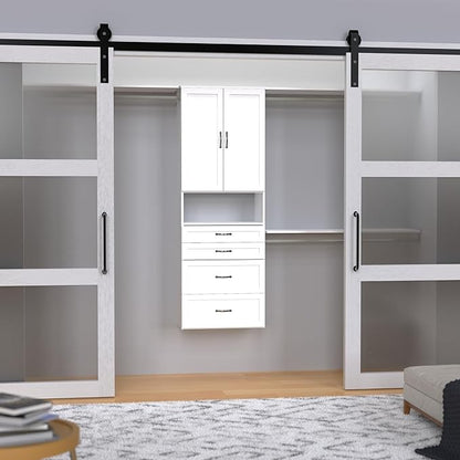 ClosetMaid SuiteSymphony Hanging Closet Kit Includes (1) Tower, (3) Closet Rods, (4) Shelves, (3) Top Shelves w/Brackets, (4) Drawers, and (1) Closet Door Set, White