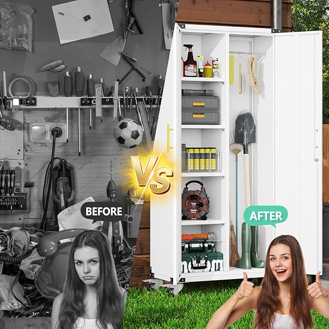 71" Garage Storage Cabinet with Hanging Rod,Lockable Metal Broom Closet Storage Cabinet with 4 Adjustable Shelves for Tools,Garage Home,Office Required Assembly,White