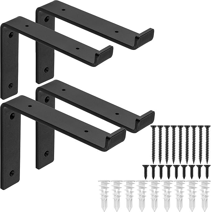 Heavy-Duty Shelf Brackets - Premium Construction Grade 1/4" (6mm) Thick Steel - Matte Black Iron Finish for Modern Farmhouse Rustic Open Shelving w/ Hardware, 4-Pack - (L Bracket w/ Lip, 7.25" x 6")
