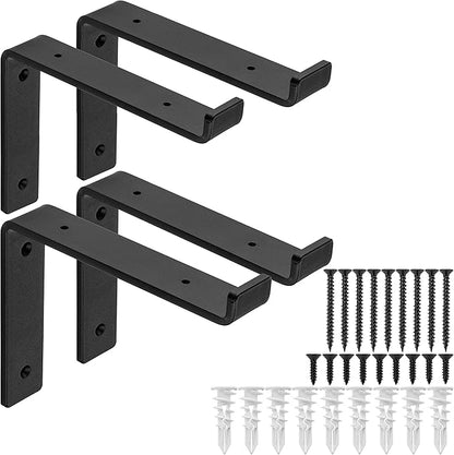 Heavy-Duty Shelf Brackets - Premium Construction Grade 1/4" (6mm) Thick Steel - Matte Black Iron Finish for Modern Farmhouse Rustic Open Shelving w/ Hardware, 4-Pack - (L Bracket w/ Lip, 7.25" x 6")
