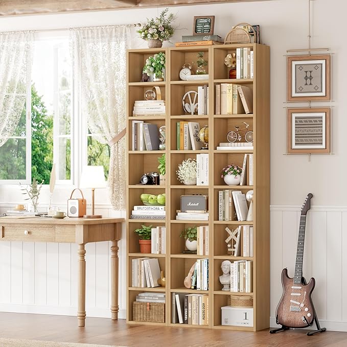 FOTOSOK 2 Pcs 71'' Tall Narrow Bookshelf, 8-Tier Media Tower Rack Set of 2, CD DVD Storage Cabinet with Adjustable Shelves, Tall Narrow Bookcase Skinny Display Bookshelf Slim Shelf, Natural