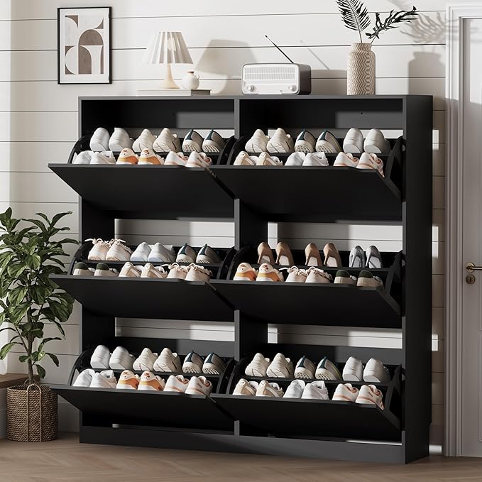 Shoe Storage Cabinet for Entryway with 6 Flip Drawers, Sturdy Wood Hidden Shoe Storage, Freestanding Narrow Slim Shoe Organizer for Front Door Entrance, Living Room, Hallway, Bedroom, Black