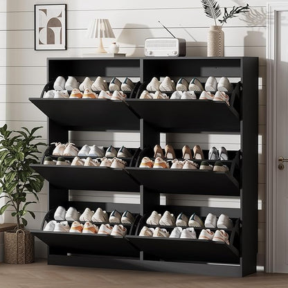 Shoe Storage Cabinet for Entryway with 6 Flip Drawers, Sturdy Wood Hidden Shoe Storage, Freestanding Narrow Slim Shoe Organizer for Front Door Entrance, Living Room, Hallway, Bedroom, Black