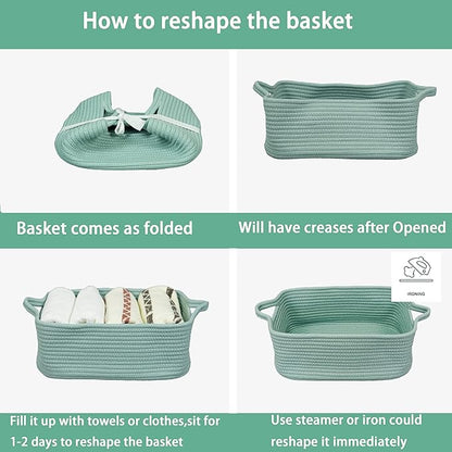 Woven Cotton Rope Storage Basket with Handles for Organizing Shelves Closet Small Cat Dog Pet Toy Baskets Box Bin Decorative Rectangle Baby Nursery Basket Gift Basket Empty (Light Green)