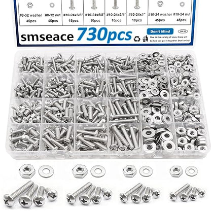 smseace 730Pcs 304 Stainless Steel Machine Screws Assortment Kit#10-24#8-32#6-32#4-40 Phillips Pan Head Assorted Nuts and Bolts for Machinery, Furniture, Automotive, Motorcycle Repairs
