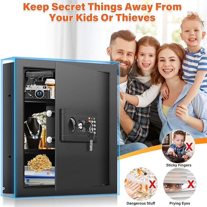 17.7" Tall Wall Safes Between the Studs 16" Centers, Hidden Wall Safe with 2 Removable Shelf & Hidden Tray, In Wall Mount Safe for Money, Jewelry, Passport, Valuables
