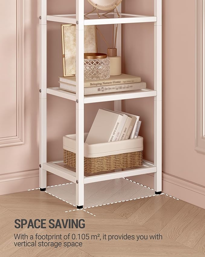 Bookcase Bookshelf, Tempered Glass Arched Bookshelf for More Storage, Slim Shelving Unit for Bedroom, Bathroom, Home Office, Steel Frame, 5 Tier White BC20599W