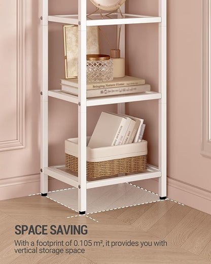 Bookcase Bookshelf, Tempered Glass Arched Bookshelf for More Storage, Slim Shelving Unit for Bedroom, Bathroom, Home Office, Steel Frame, 5 Tier White BC20599W