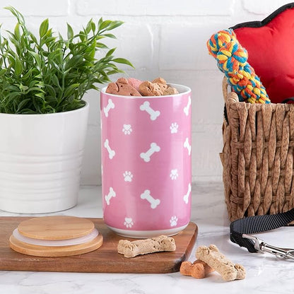 Bone Dry Ceramic Canister with Bamboo Lid, Paw & Bone Collection, Treat Jar, 4x6.5", Rose