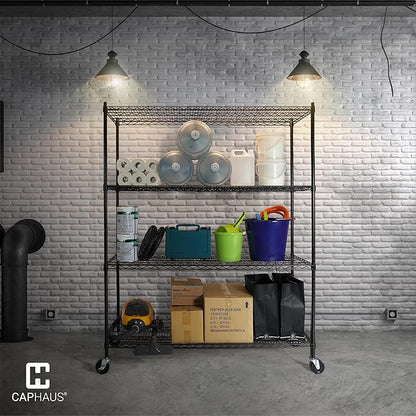 CAPHAUS 4-Tier Commercial Grade Heavy Duty Adjustable Height Wire Shelving w/Wheels & Leveling Feet, Storage Metal Steel Shelf, Garage Shelving Storage, Utility Wire Rack Storage Shelving Unit, 48”W