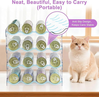 Cat Food Can Organizer, Can Organizer for Pantry, Transparent Cat Food Storage Container Holds 96 (3.5oz) Cans, Canned Food Organizer and Storage for Countertop Kitchen Cabinet (4 Tier-4 Layer)