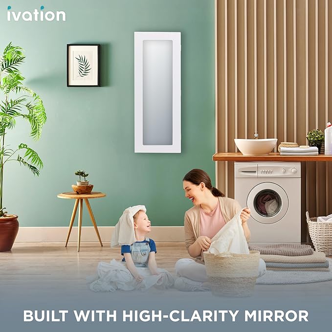 Ivation Wall-Mounted Ironing Board Cabinet with Mirror, Foldable Ironing Storage Station for Home, Apartment, Easy-Release Lever, Garment Hooks, White