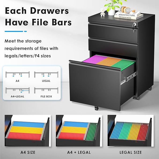 Greenvelly 3-Drawer Mobile File Cabinet with Locking Drawers & Wheels, No Assembly Required Black Rolling Metal Filing Cabinet for Home Office, Lockable File Organizer Under Desk or Letter/Legal Files