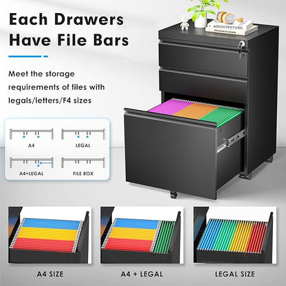 Greenvelly 3-Drawer Mobile File Cabinet with Locking Drawers & Wheels, No Assembly Required Black Rolling Metal Filing Cabinet for Home Office, Lockable File Organizer Under Desk or Letter/Legal Files