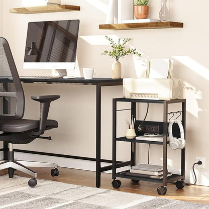 Industrial Printer Cart, 3-Tier Mobile Printer Stand, Rolling Cart with Power Outlets and USB Ports, Home Printer Stand with 2 Hooks, for Office, Living Room, Black PTHB40E01