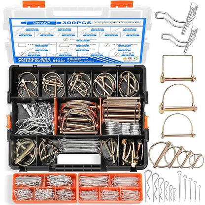 300PCS Heavy Duty Pin Assortment Kit, Tractor Linch Pins Hitch Pins PTO Pins R Clips Cotter Pins Hair Pins Square Pins for Trailers, Trucks, Lawn Mowers, Farm & Garden Equipment