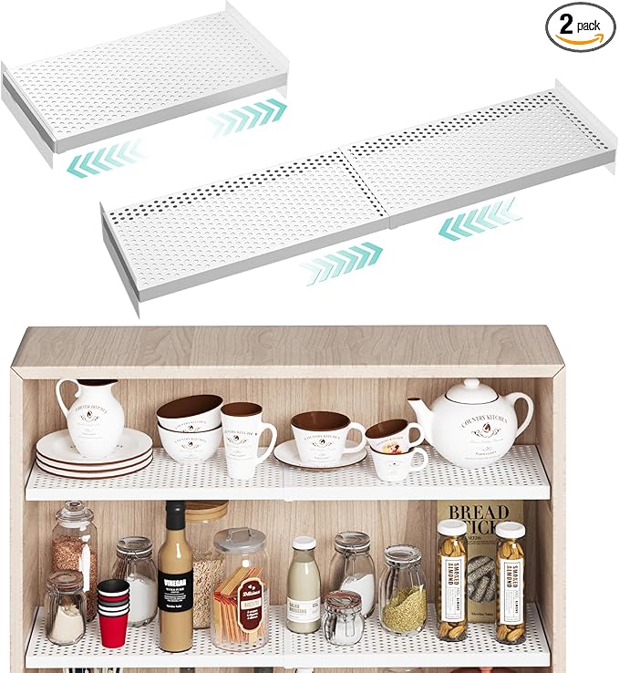 2Pack Expandable Tension Shelf, Heavy-Duty Metal Cabinet Closet Shelves Organizer, Adjustable Shelves, Closet Shelving System Wall Mounted for Cabinet Wardrobe Cupboard Kitchen Bathroom