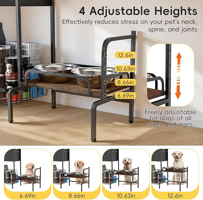 Elevated Dog Bowl Stand, Adjustable Raised Dog Stand, Pet Feeding Station Cabinet with Storage Organizer, Large Toy Bin Basket, Lifted Food and Water Bowl Holder for Large Medium Small Breed
