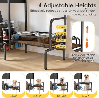 Elevated Dog Bowl Stand, Adjustable Raised Dog Stand, Pet Feeding Station Cabinet with Storage Organizer, Large Toy Bin Basket, Lifted Food and Water Bowl Holder for Large Medium Small Breed