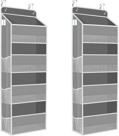 2 Pack Over The Door Organizer, Hanging Storage Organizer with Clear Window, 40lb Ultra Sturdy Large Capacity Room Organizer for Pantry Laundry Bathroom Nursery Closet (Grey)