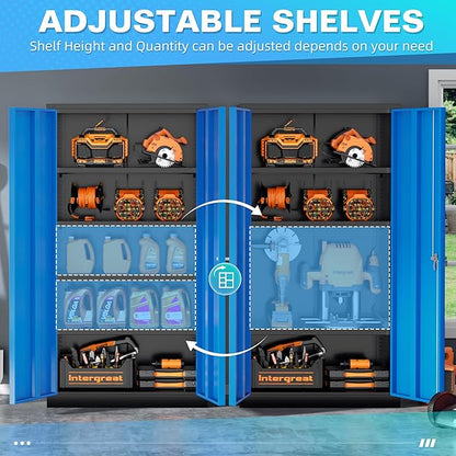 Bonusall Mental Garage Cabinets with 2 Doors and 4 Shelves, Locking Cabinet with for Storage，Steel Garage Storage Cabinets for Home Office, Warehouse，School(Black Blue)