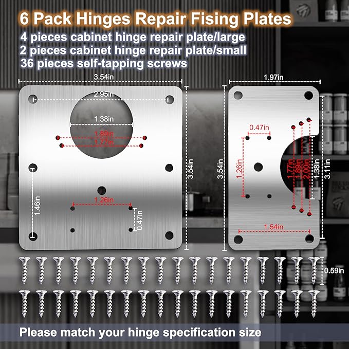 6 Pcs Cabinet Hinge Repair Plate, Hinge Repair Board, Cabinet Hinges Repair Brackets with Screws, Metal Hinges Repair Fixing Plates