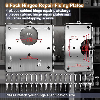6 PCS Cabinet Hinge Repair Plate, Hinges Repair Fixing Plates, Stainless Steel Cabinet Repair Board, Kitchen Cupboard Door Hinge Repair Brackets Kit, Cabinet Fixing Plate Bracket with Mounting Screw