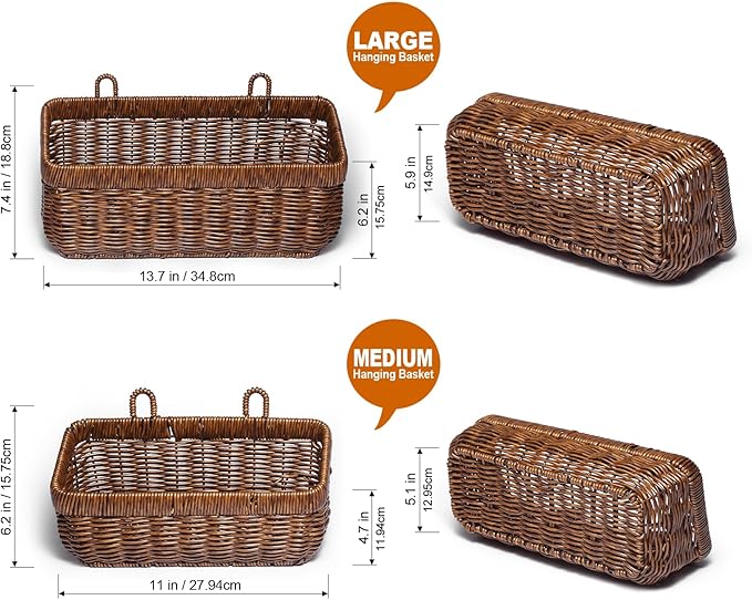 2 PCS Hanging Wall Basket,Wicker Fruit Racks,Open Storage Bins,Hand-Woven Shelf Basket,For Garlic, Ginger, Eggs, Onions,And Fruits, Kitchen And Living Room Storage Boxes(Brown-(M+L))