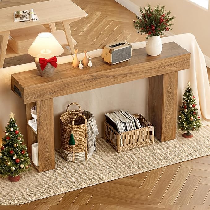 63" Long Console Table, Narrow Entryway Table with Charging Station and LED Lights, 2-Tier Farmhouse Behind Couch Table with Storage, for Entryway, Light Walnut and Black MXG04UJS