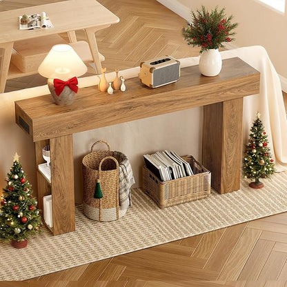 63" Long Console Table, Narrow Entryway Table with Charging Station and LED Lights, 2-Tier Farmhouse Behind Couch Table with Storage, for Entryway, Light Walnut and Black MXG04UJS