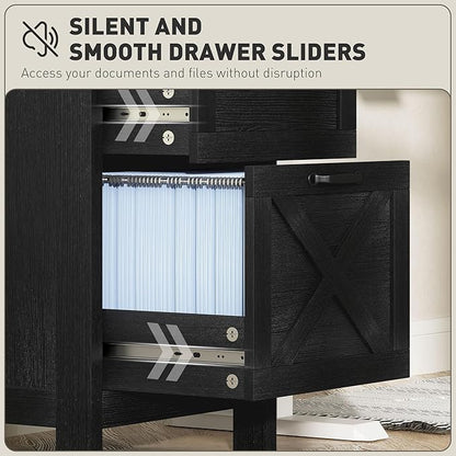 HOMCOM 3 Drawer File Cabinet with Silent Slides, Vertical Filing Cabinet for Hanging A4/Letter Size, Rustic Farmhouse Printer Stand with Storage for Home Office, Distressed Black