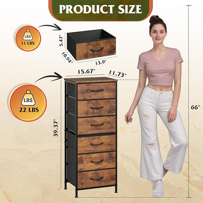 WLIVE Tall Dresser for Bedroom, 6 Drawer Dressers & Chests of Drawers, Fabric Dresser for Closet, Night Stand with Metal Frame, Storage Tower with Fabric Bins, Wood Top, Rustic Brown Wood Grain Print