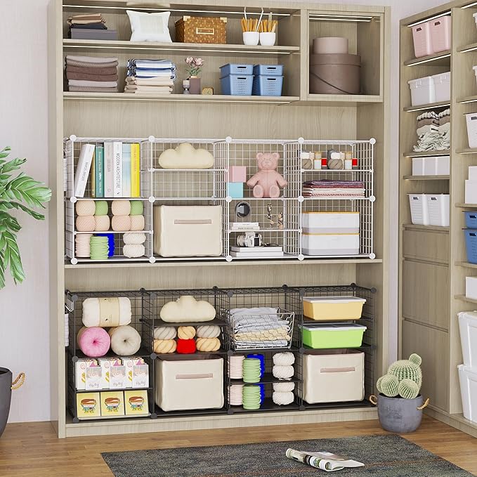 C&AHOME Wire Cube Storage Unit, Interlocking Metal Wire Organizer with Divider Design, Modular Cabinet with Plastic Panels, Bookshelf Stackable Closet Organizer with Small Hooks, White UWCSIM08W