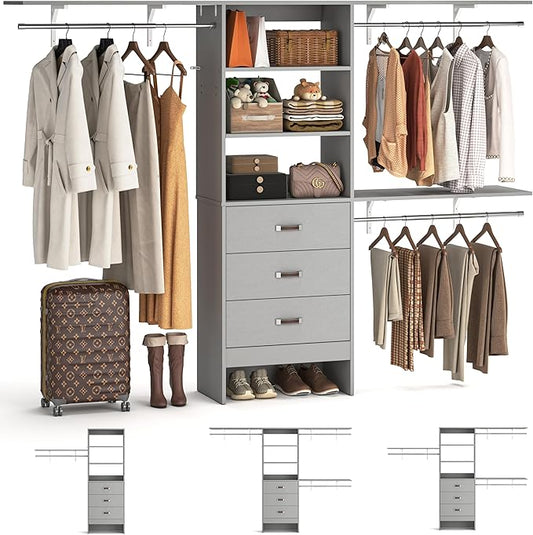 8FT Closet System, 96'' Closet Organizer System with 3 Hanging Rods, Wall Mount Bedroom Wardrobe with 3 Drawers Walk-in Closet, Adjustable Cloth Garment Rack from 5 to 8FT (Cut to Fit), Grey