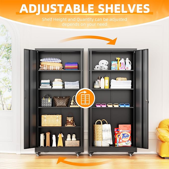 Bonusall Garage Cabinets with Wheels, 73" H Metal Locking Cabinet with 2 Doors and 4 Shelves, Storage Cabinet on Wheels for Home Office,Warehous, School(Black