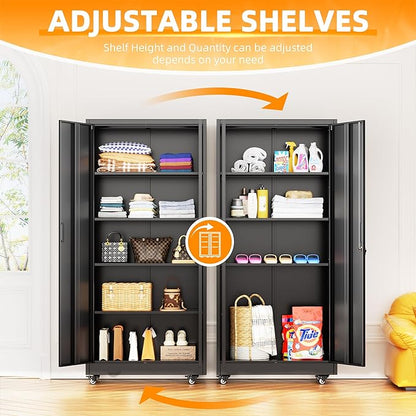 Bonusall Garage Cabinets with Wheels, 73" H Metal Locking Cabinet with 2 Doors and 4 Shelves, Storage Cabinet on Wheels for Home Office,Warehous, School(Black