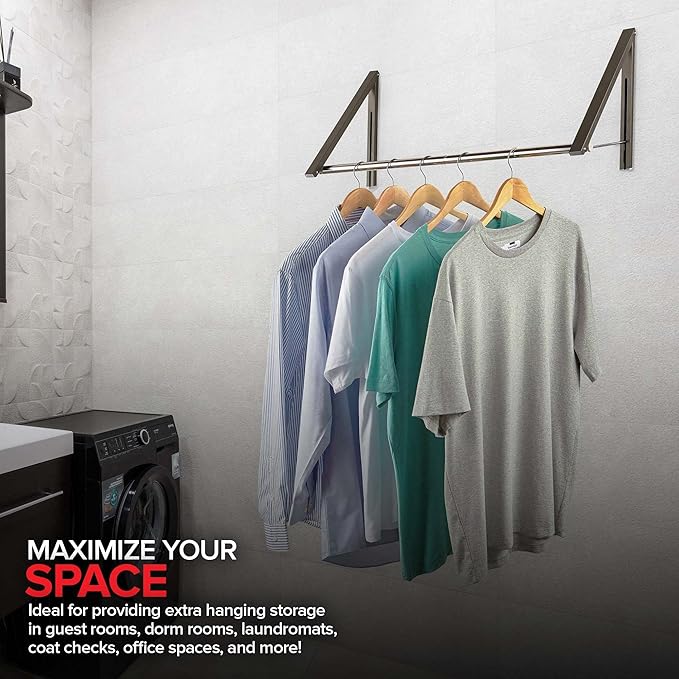 Double Foldable Clothing Rack w/ Extension Rod, Wall-Mounted Retractable Clothes Hanger for Laundry Dryer Room, Hanging Drying Rod, Small Collapsible Folding Garment Racks, Dorm Accessories (Gray)