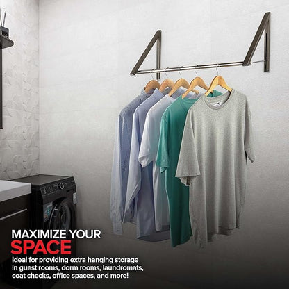 Double Foldable Clothing Rack w/ Extension Rod, Wall-Mounted Retractable Clothes Hanger for Laundry Dryer Room, Hanging Drying Rod, Small Collapsible Folding Garment Racks, Dorm Accessories (Gray)