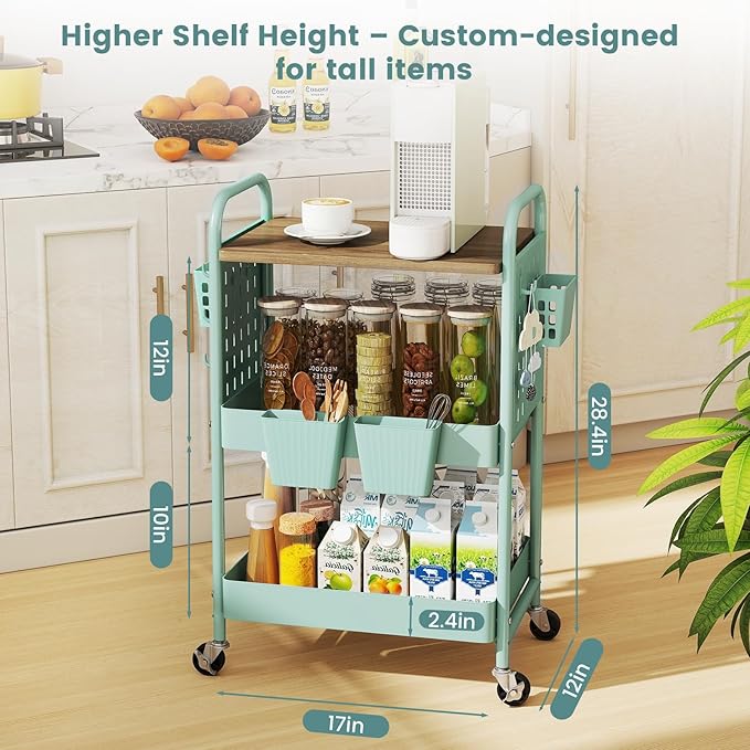 danpinera 3 Tier Rolling Cart, Metal Storage Cart with Wooden Tabletop, Storage Cart with DIY Pegboards & Locked Wheels, Hooks & Hanging Cups for Any Room