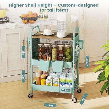danpinera 3 Tier Rolling Cart, Metal Storage Cart with Wooden Tabletop, Storage Cart with DIY Pegboards & Locked Wheels, Hooks & Hanging Cups for Any Room