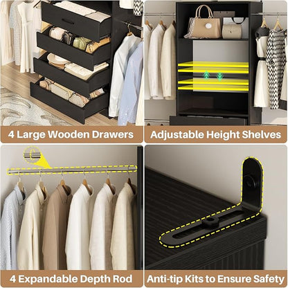 Aheaplus Closet System, 4-9Ft Closet Organizer with 4 Wooden Drawers, Wood Closet Organizer System with Tower, Walk-in Closet Organizer Wardrobe Clothes Rack with 4 Hanging Rods, Garment Rack, Black