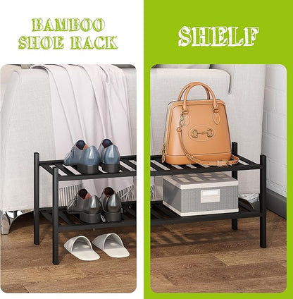 BMOSU 2-Tier Bamboo Shoe Rack Premium Stackable Shoe Shelf Storage Organizer for Hallway Closet Living Room Entryway Organizer (Black Bamboo)