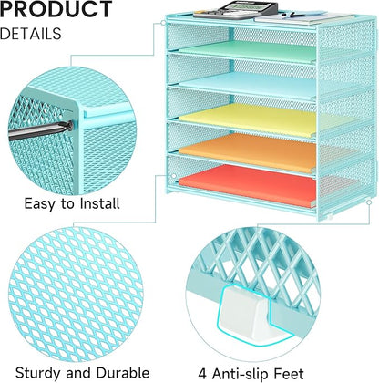 2 Pack 6 Tier Paper Organizer, Metal Mesh Desk File Folder, Letter Tray Organizer, Paper Sorter Desk Organizers for Office, Home or School File Folder Holder - Blue