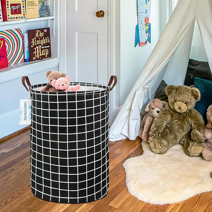 LANGYASHAN Laundry Basket Canvas Fabric Collapsible Organizer Basket for Storage Bin Toy Bins Gift Baskets Bedroom Clothes Children Nursery Hamper (Black Grid)