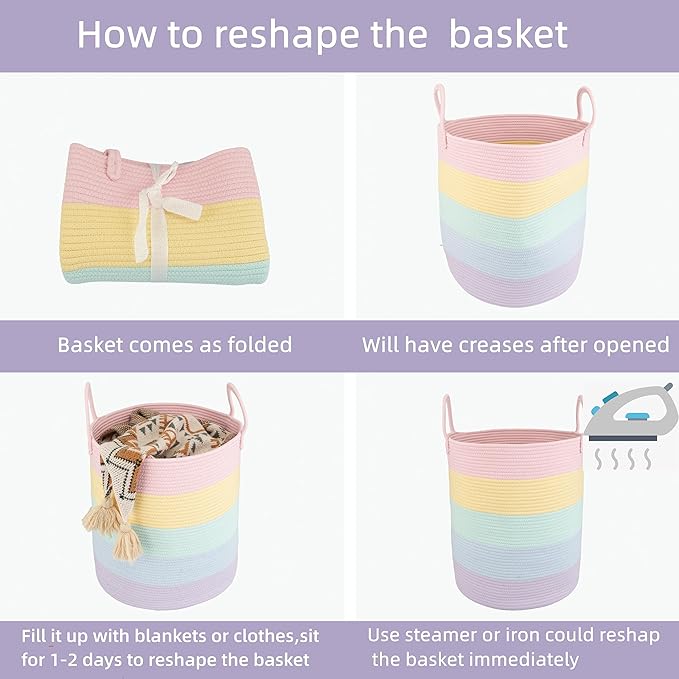 Rope Laundry Basket Hamper for Kids Girl Woven Storage Basket for Living Room Bedroom Boho Tall Baskets for Blanket Toys Pillow Towels Baby Nursery Hamper Bin rainbow Large
