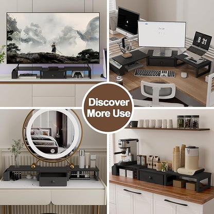 LAND·VOI Dual Monitor Stand with Drawer and Side Pockets, Monitor Riser for Desk, Home Office Desk Storage, Multi-Scenario Adaptation for Work and Entertainment, Black, HMS02BK