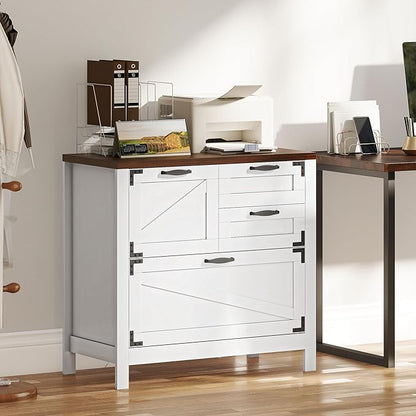 HOMCOM 4 Drawer File Cabinet, Farmhouse Lateral Filing Cabinet with Adjustable Hanging Rails for Letter/A4/Legal Size Files, Printer Stand for Home Office, White